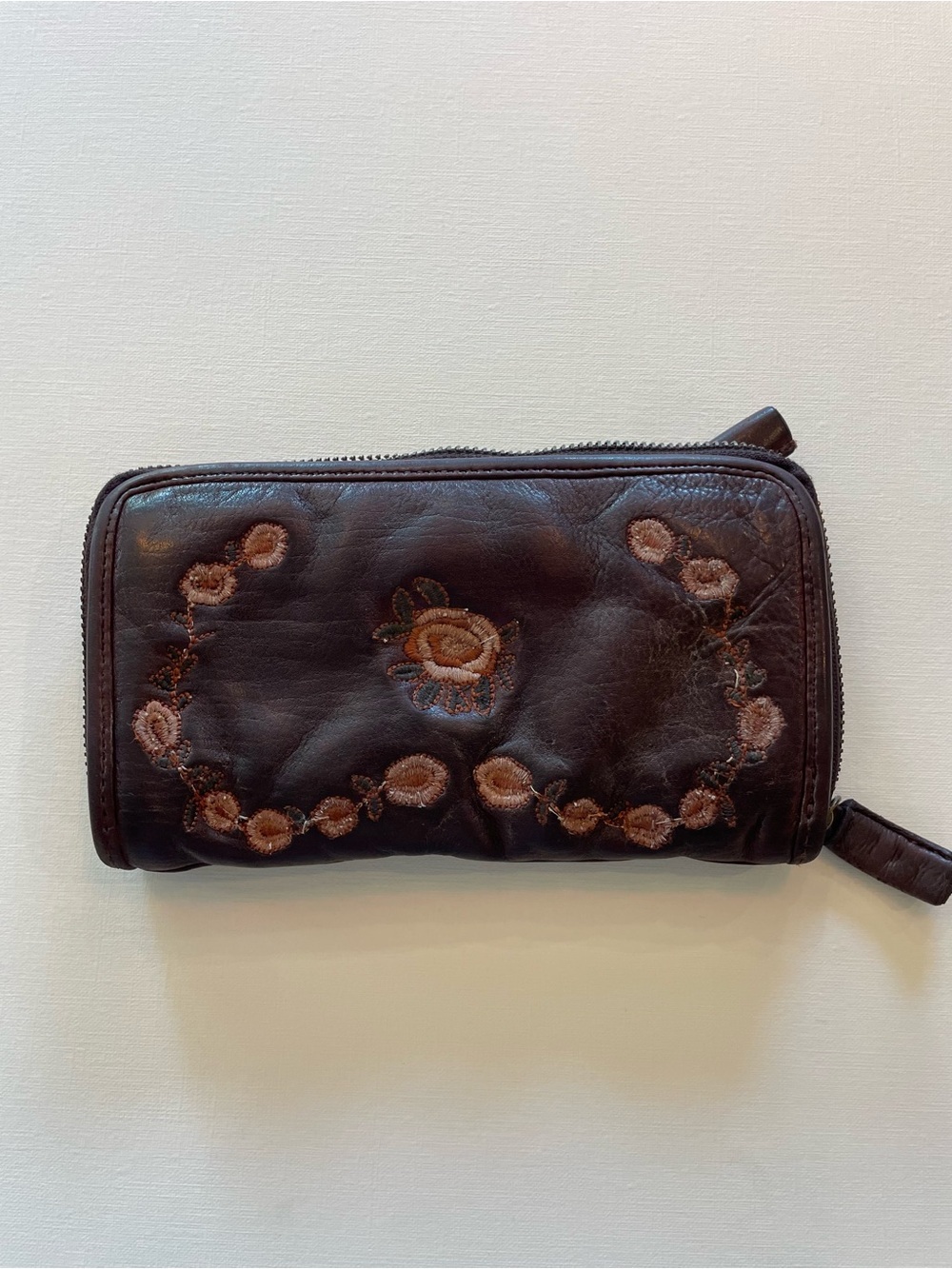 KEANN West Dark Brown distressed Leather Zip Wallet with Rose Embroidery